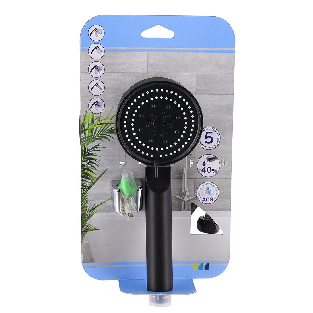 Kit Duș cu Mâner 5 Funcții + Furtun PVC 150 cm + Suport - Negru Mat