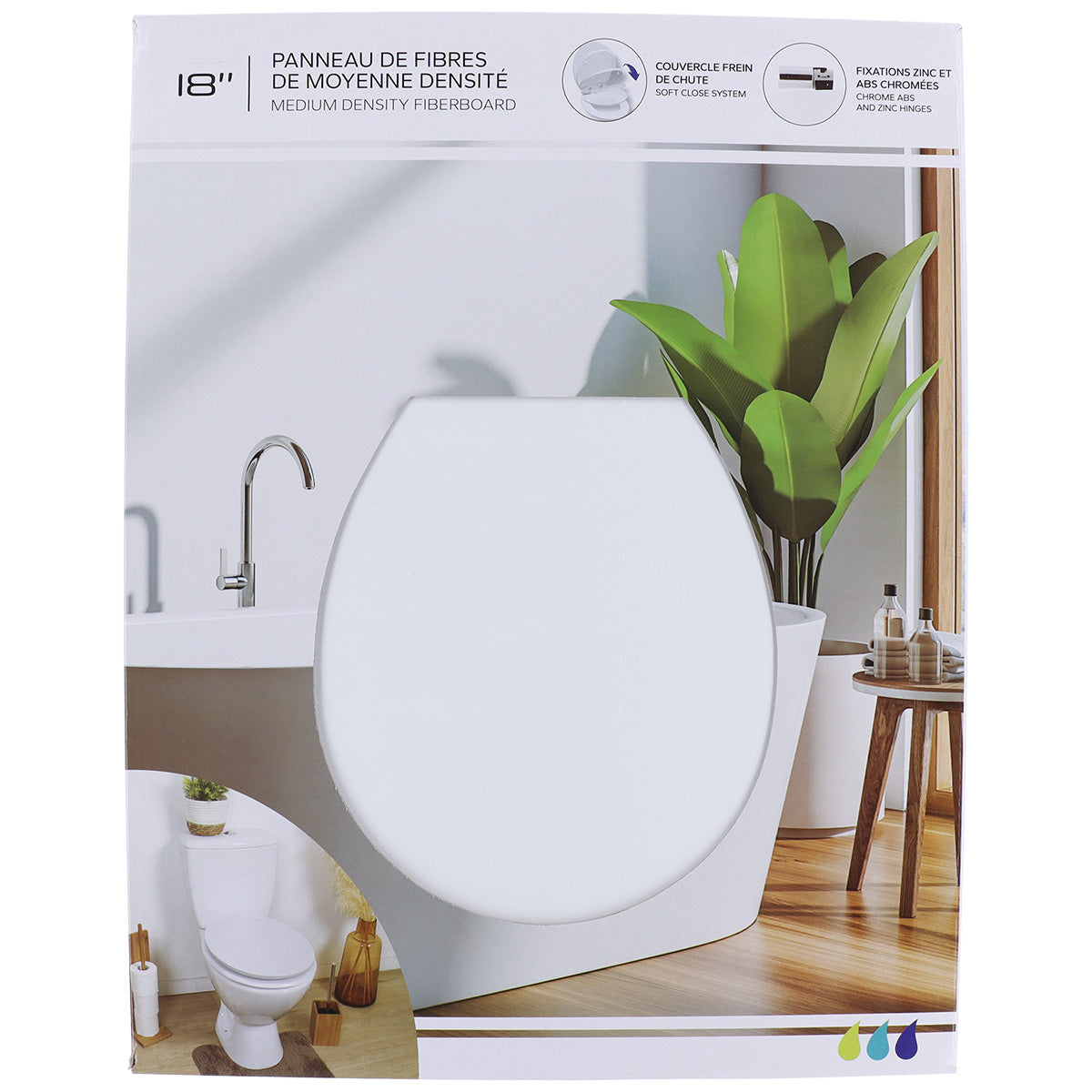 Capac Toaletă MDF 18 Inch cu Balamale ABS Cromate și Sistem de Închidere Lentă – Alb