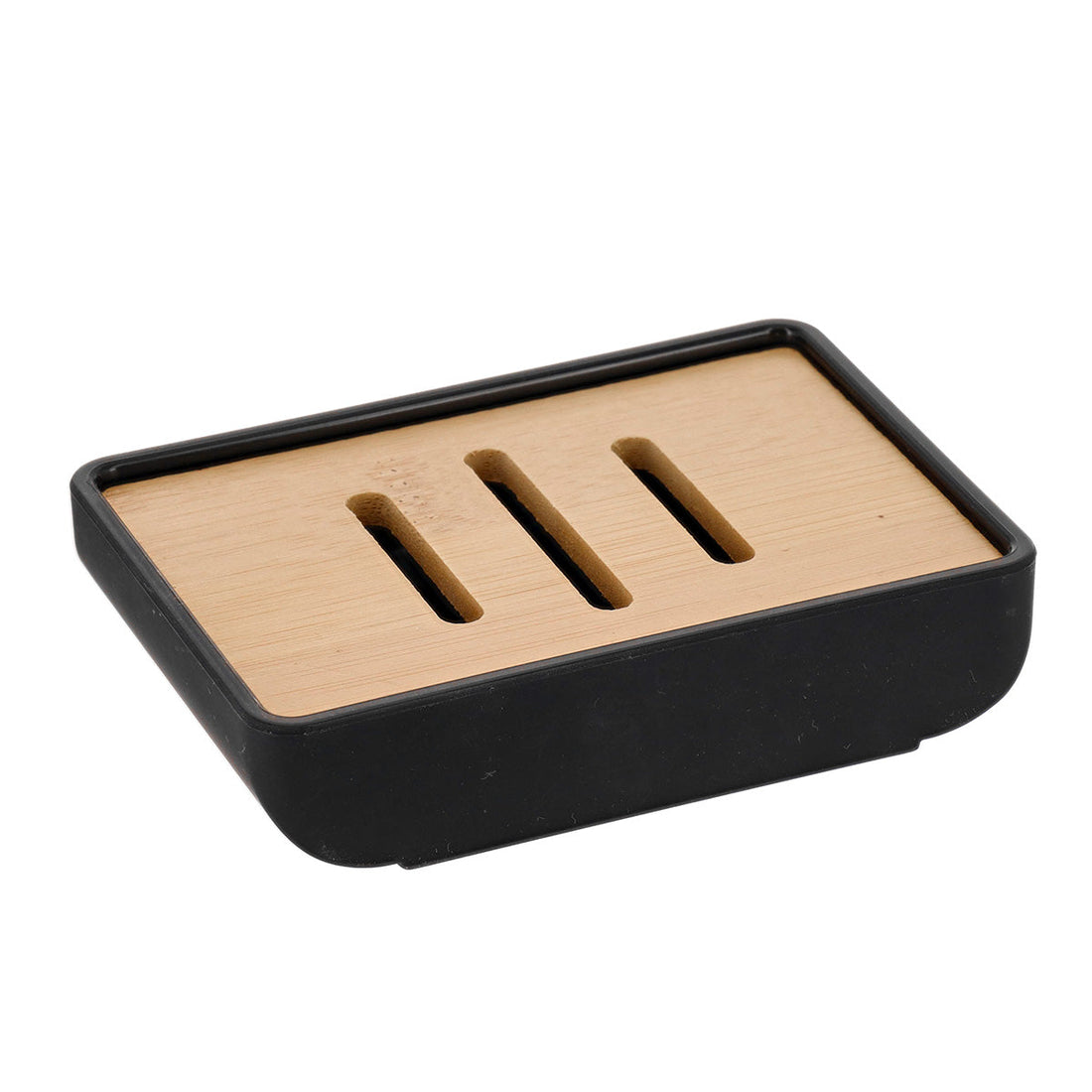 Săpunieră Rectangulară din Cauciuc + ABS și Bambus - Neagră