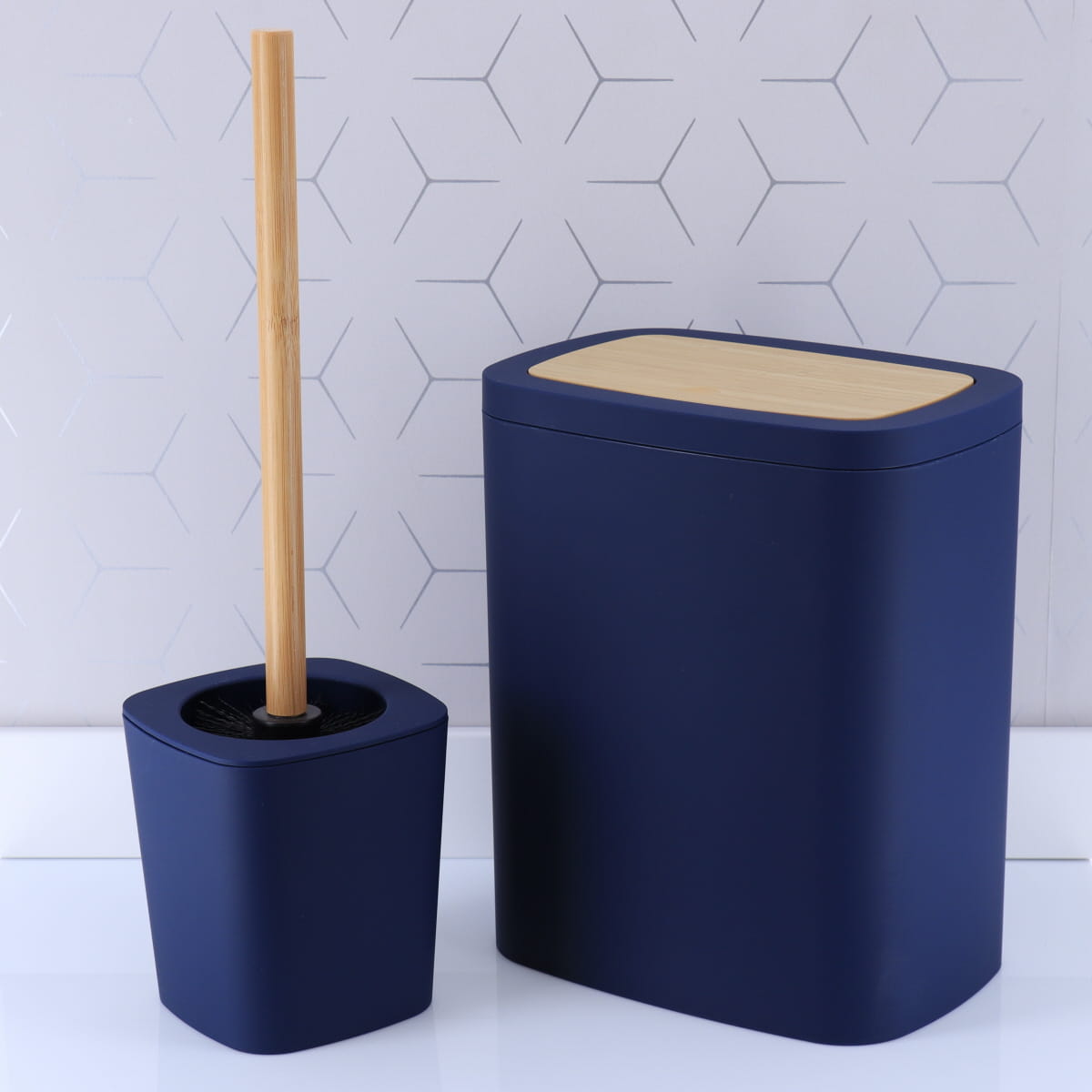 Coș de Gunoi din Cauciuc și ABS cu Efect Bambus PVC 5L - Albastru Marin