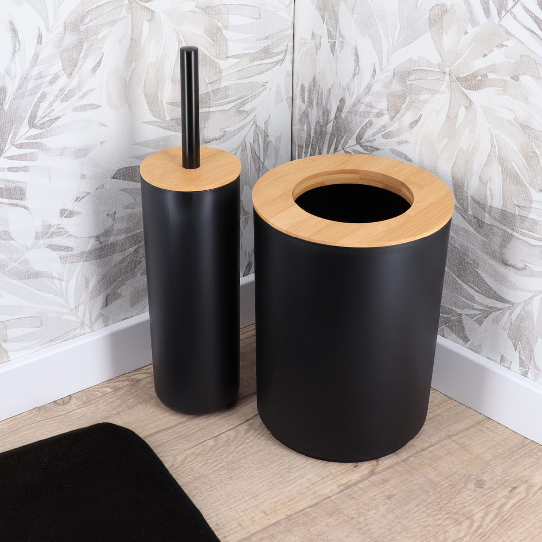 Perie WC cu Capac din Bambus și Receptacol Plastic Negru - Negru/Bambus