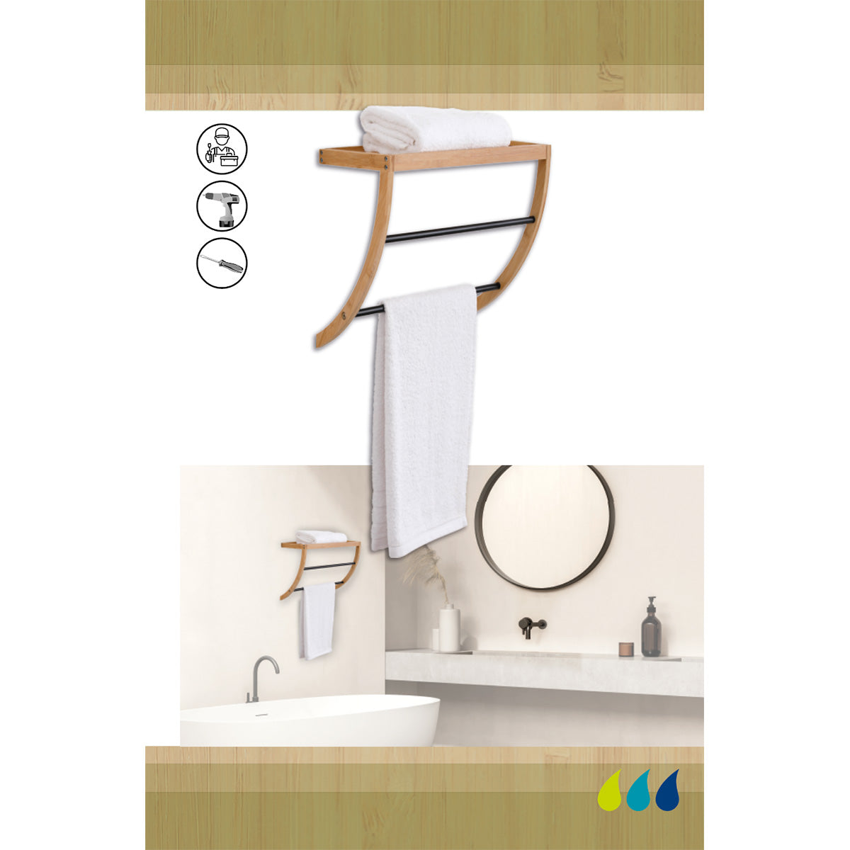 Raft Montat pe Perete din Bambus cu 1 Raft și 2 Bare din Oțel Inoxidabil – Negru/Natural