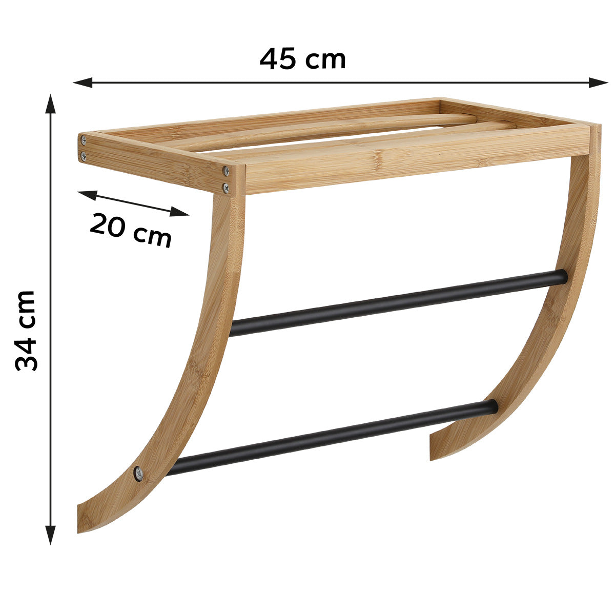 Raft Montat pe Perete din Bambus cu 1 Raft și 2 Bare din Oțel Inoxidabil – Negru/Natural