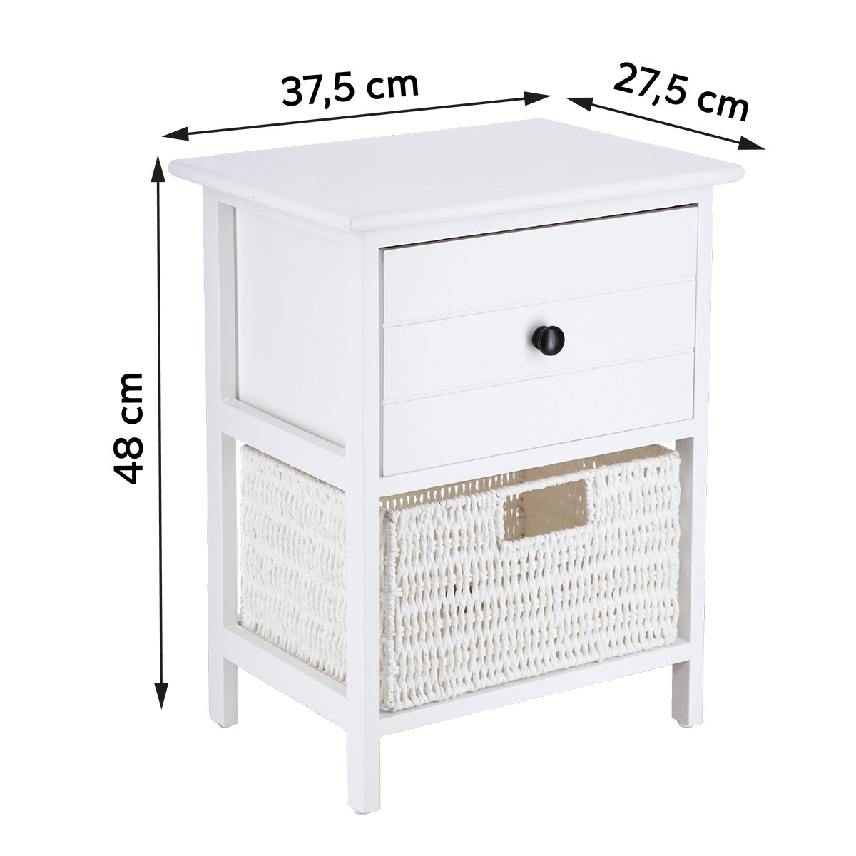 Mobilier mic din Paulownia/MDF cu 1 Sertar, Buton Negru și 1 Coș din Hârtie - Alb