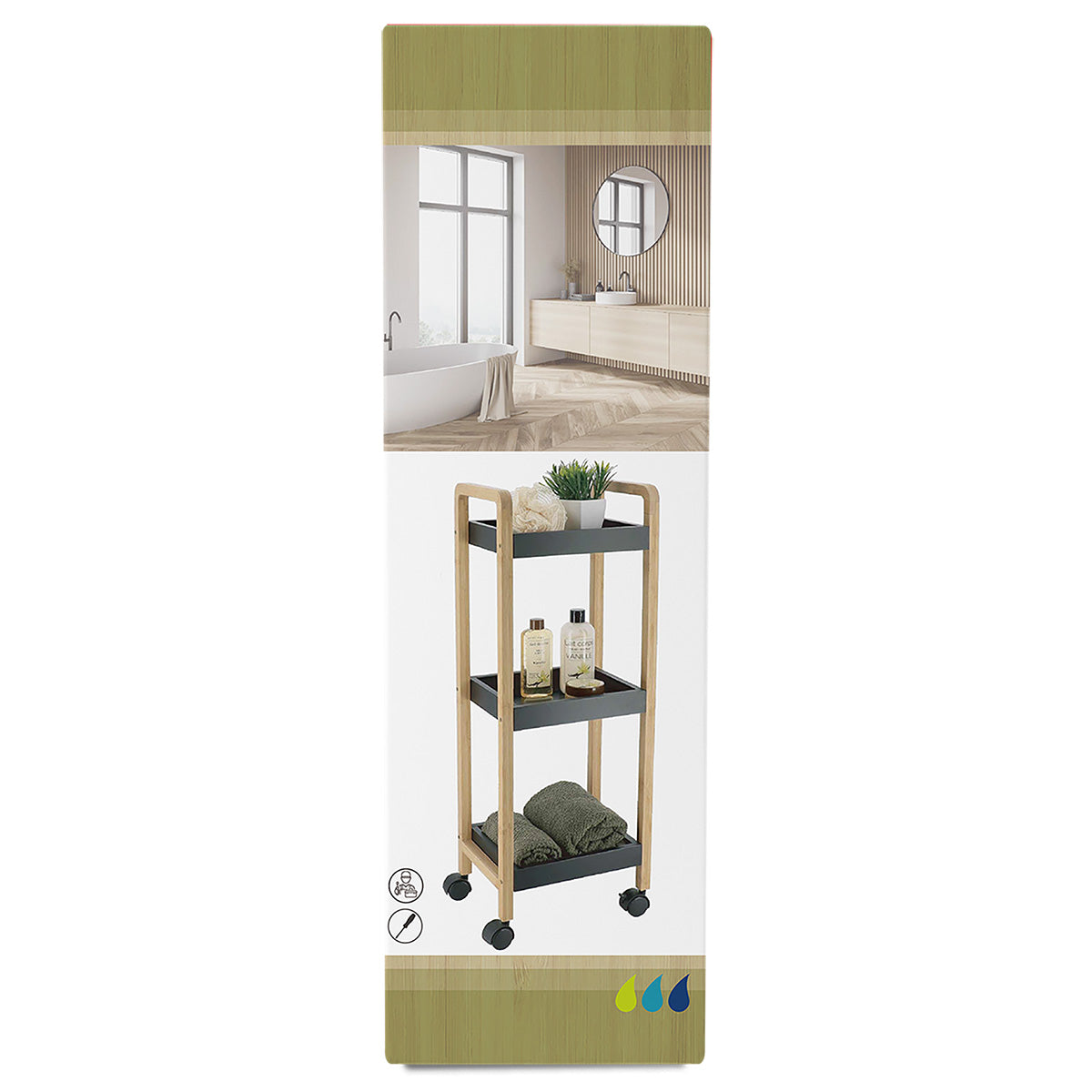Bufet din bambus+MDF pe roți cu 3 rafturi - Bambus/Negru
