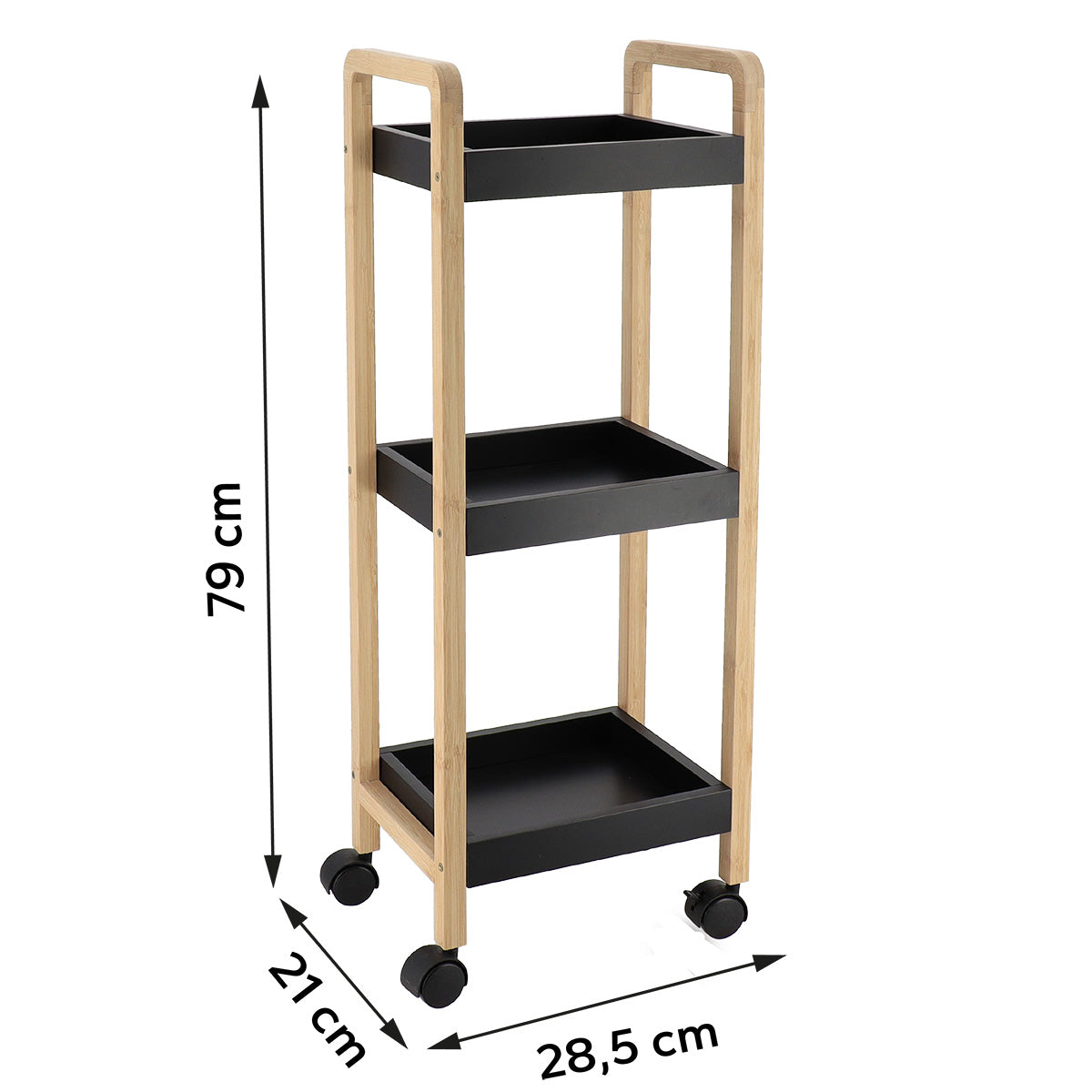 Bufet din bambus+MDF pe roți cu 3 rafturi - Bambus/Negru