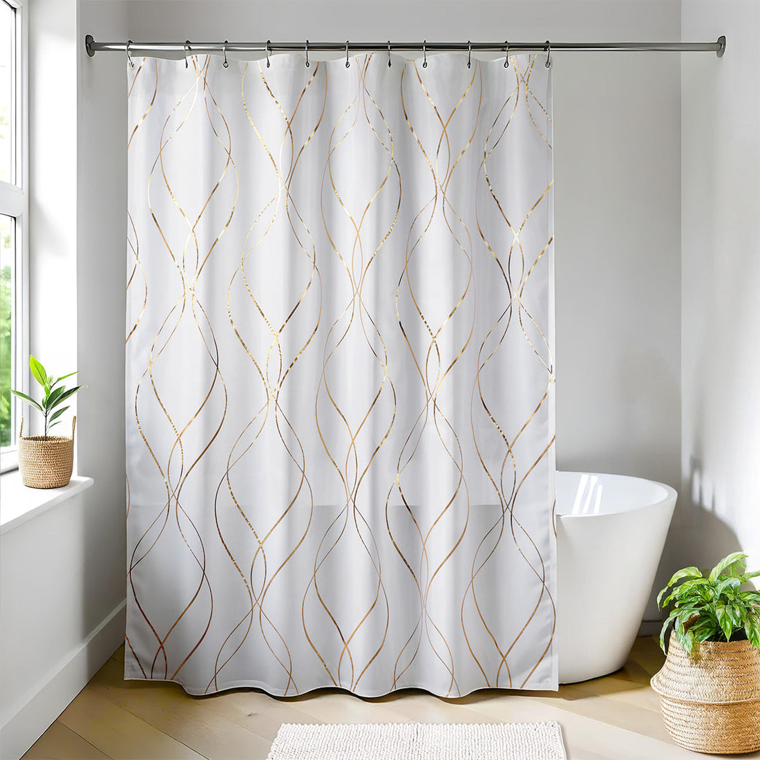 Perdea Duș Poliester 180x200 cm + 12 Inele PP Albe – Epure Gold