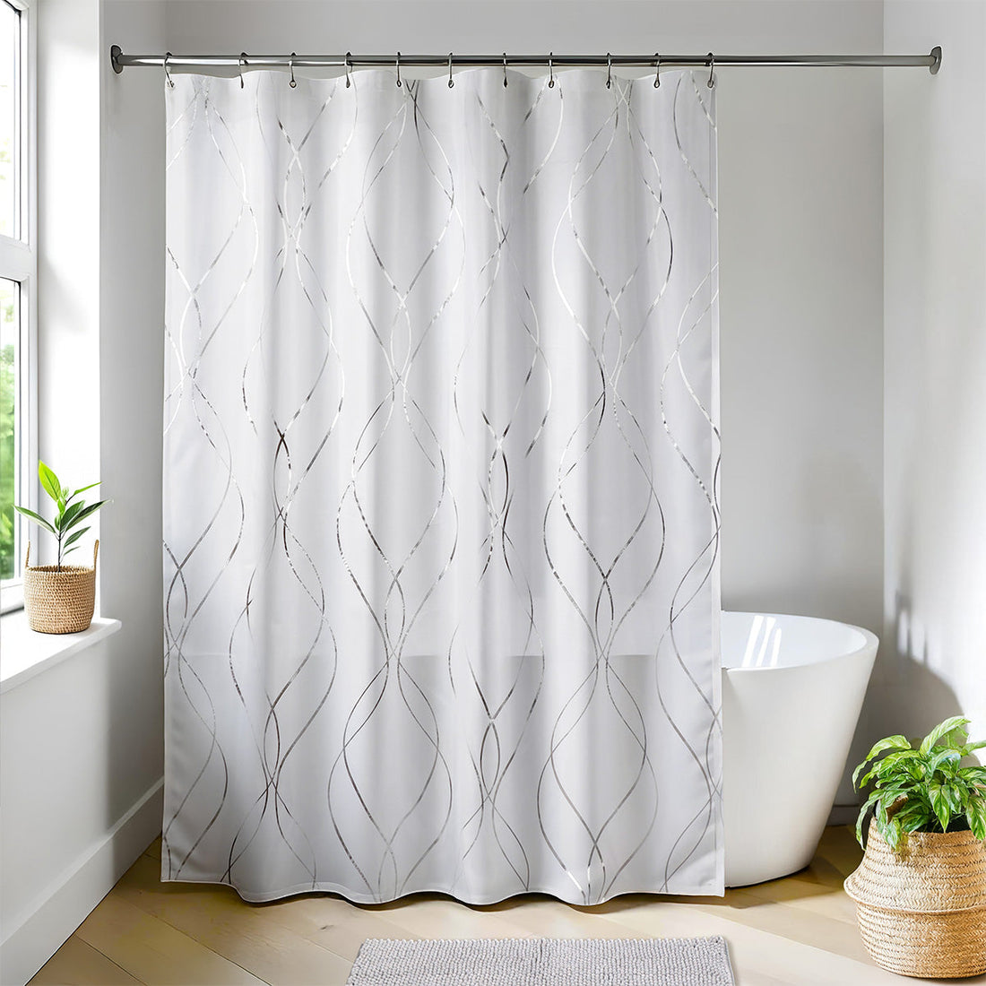 Perdea Duș Poliester 180x200 cm + 12 Inele PP Albe – Epure Silver